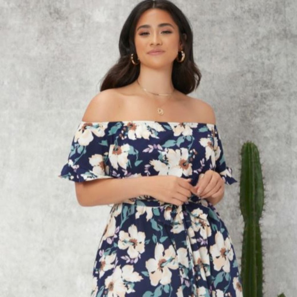 Plus Off Shoulder Flounce Sleeve Belted Floral Dress